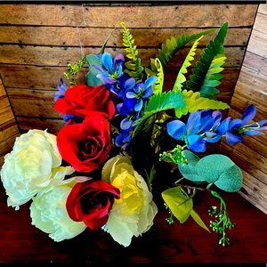 NEW!! Red, White, and Blue Flower Arrangement in a Pearly Galvanized Flower Pot